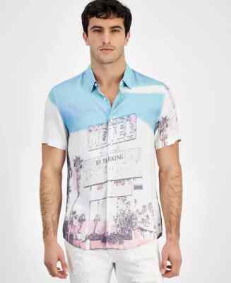 GUESS Men's LA Scene Button-Front Short Sleeve Casual Shirt Viscose White XL
