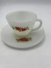 Vintage Fire King Milk Glass Cup And Saucer, Red Rose Pattern Nice! M3817
