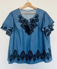 CROWN IVY Embroidered Shirt Curvy Top Blue Denim Chambray Floral Bliss Boho
