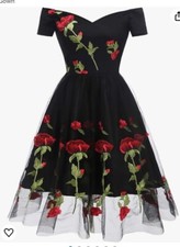 Ikadex  XXL Red Rose Embroidery Short Sleeve Party Dress Vneck Black