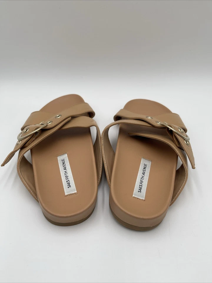 Saks Fifth Avenue JUDI Beige Leather Buckle Crossover Slide Sandals Women’s 7M - Image 4 of 4