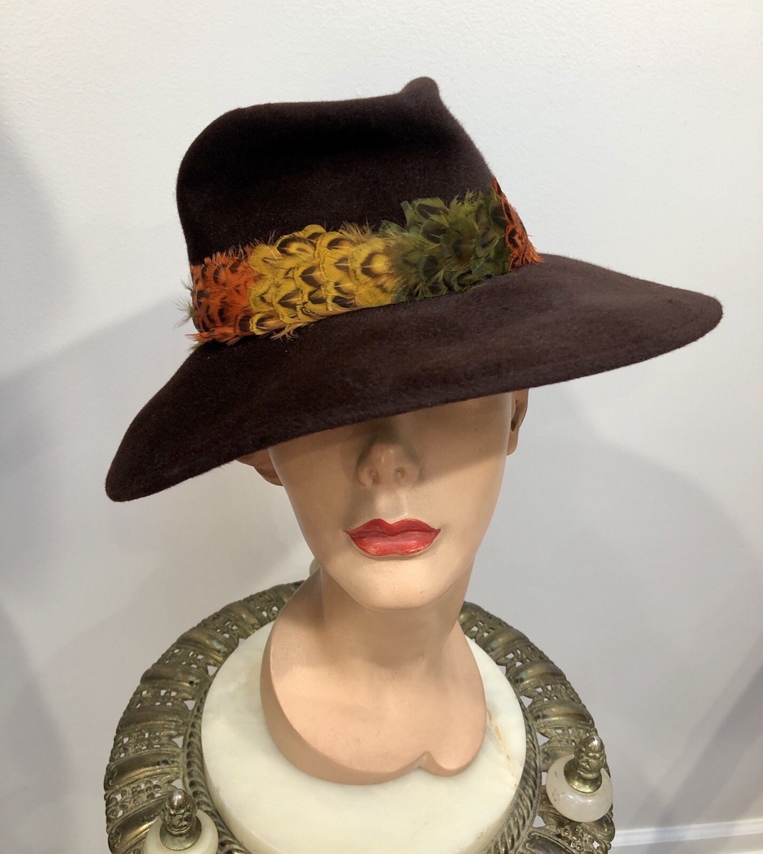 フェルト LOT-2) Vtg 1960s WIDE BRIM FEDORA HATS *Brown w/Grouse Feathers