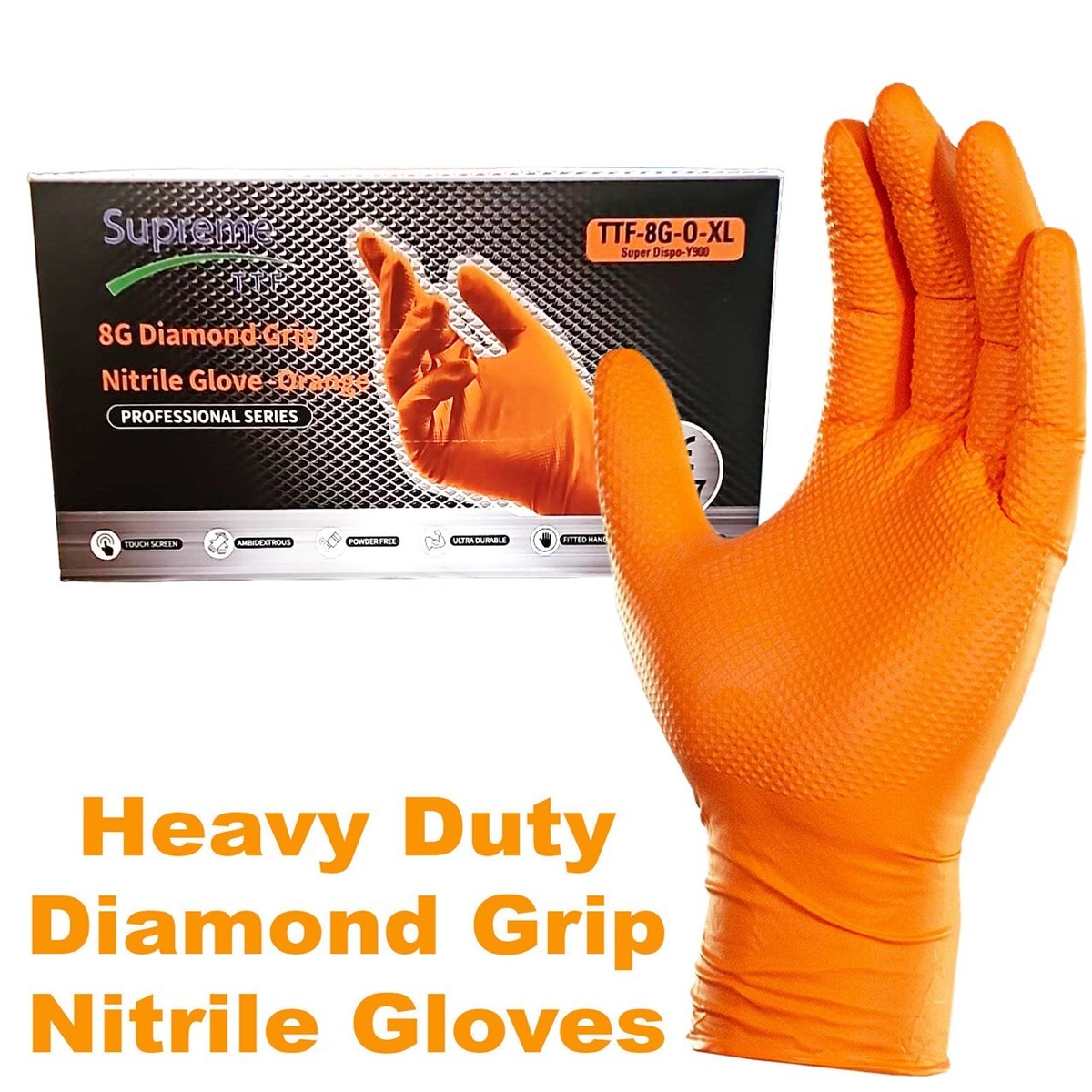Orange Nitrile Gloves Heavy Duty Diamond Grip Disposable Latex - Main Image