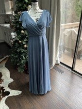 Davids Bridal Slate Blue Flutter Sleeve Chiffon Formal Bridesmaid Dress Sz 8