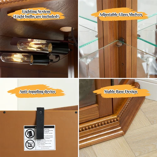 6 Shelf Corner Curio Display Cabinet,69.49"H Lighted Wooden Bar Glass Cabinet - Picture 15 of 47