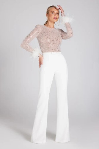 NADINE MERABI Sequin Feather Amelia Jumpsuit S / M UK 10 White BNWT New RRP £465 - Picture 10 of 24