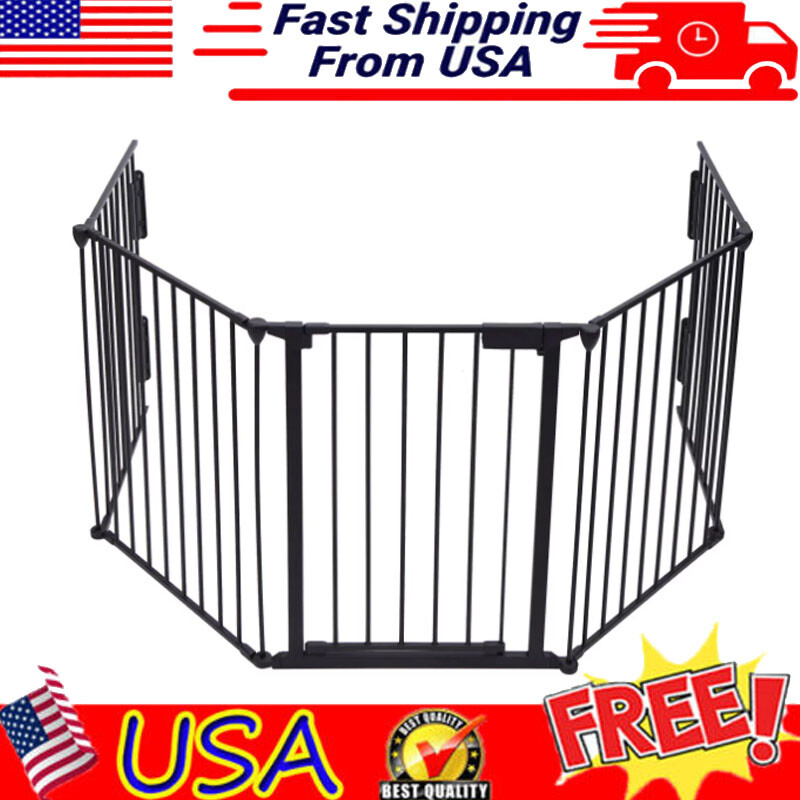 Metal Fireplace Baby Safety Gate Steel Pipe W/ Door 5 Panel For Kids Pet Indoor