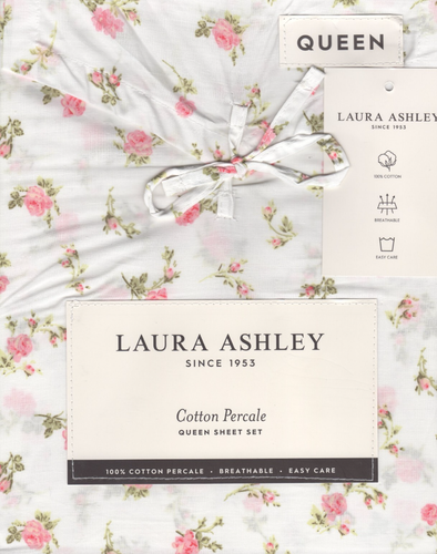 Laura Ashley Queen Sheet Set Rosebuddies Pink 4pc Cottage Farmhouse Chic Green - 第 1/4 張圖片