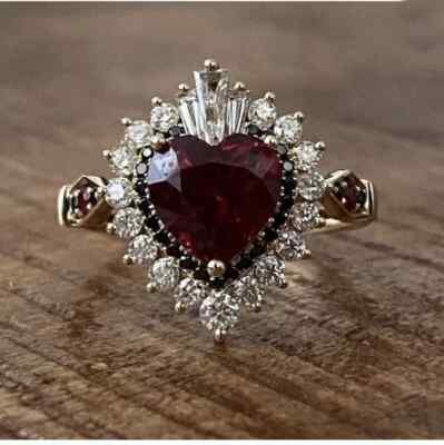 Stunning Heart Cut Garnet Lab Created Diamond 14K Gold Finish Engagement Ring