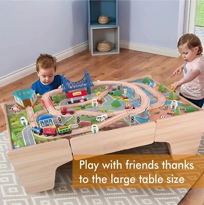Kids Wooden Train Track 80 PCS Railway Set Activity Table With Drawer for Storag - Image 1 of 4
