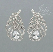White Gold Plated Cubic Zirconia CZ Feather Wedding Drop Dangle Stud Earrings 42