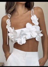 Elegant Flower Crop top Boho Style White Stretch Adjust Top Stylish Summer Beach