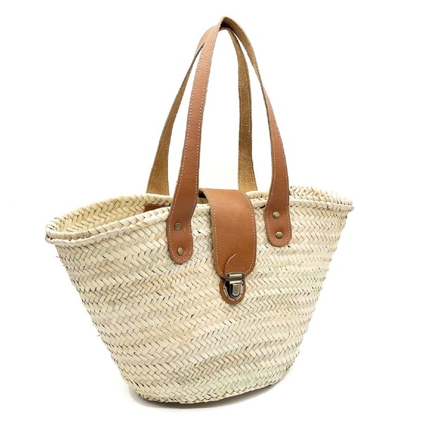 CESTA FRANCESA Cesta de Paja con Asas de Cuero Bolso de Playa, Bolso de Paja, Bolso de Verano