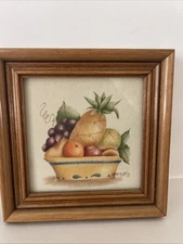 Theorem Painting On Velvet Folk Art Framed Fruit Basket Signed 5.25x5” Vintage