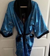 Chinese/Thai/Asian satin reversible blue/black dressing gown/robe embroidered