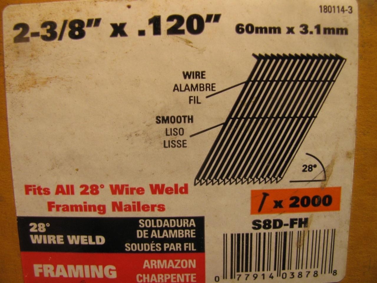 Bostitch S8D-FH 2-3/8" x.120 28 Degree Wire Weld Framing Nails 1500 + 8d