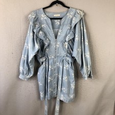 Sweet En Forme Dress Womens Medium Blue Floral Denim Ruffle Belted Mini Zip