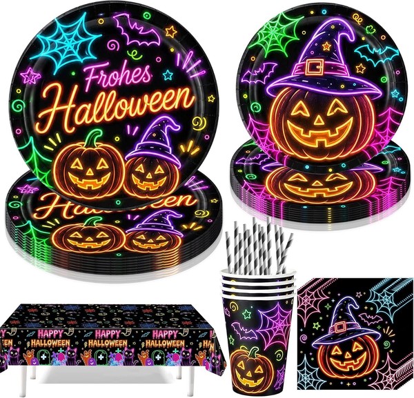 Halloween Partygeschirr Set 61 StüCk Neon Glow In The Dark Pappteller Becher-image