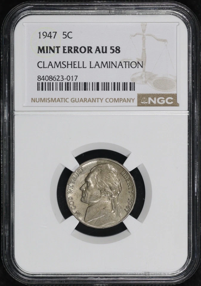 1947 Jefferson Nickel NGC AU-58 Mint Error Clamshell Lamination - Image 2 of 4