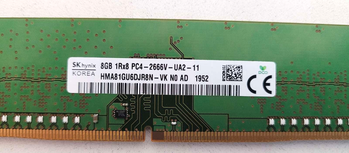 SK hynix 8GB DDR4 ECC 1Rx8 PC4-2666V RAM P/N: HMA81GU6DJR8N-VK