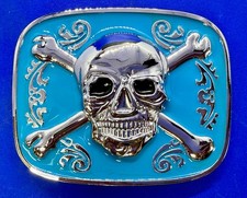Jolly Roger Pirate Skull Head Crossbones Blue Enamel Colored Belt Buckle