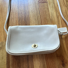Beige Coach Solid Rectangle Crossbody Bag Gold Hardware Turn-Lock Closure Women