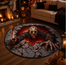 3D Slasher Halloween Round Rug Spooky Horror Skull Haunted House Floor Mat