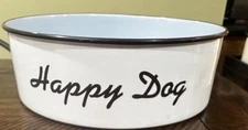 Farm Chic White Happy Dog  Metal 9” Pet Bowl NIB