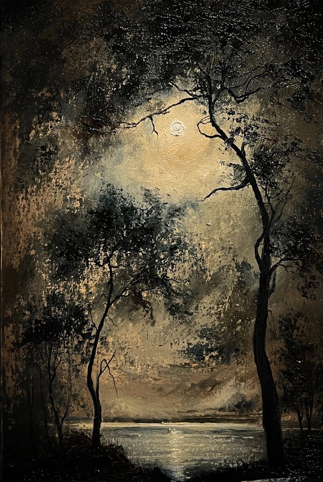 Pintura al óleo original luna llena gótica paisaje sobre lienzo arte impresionismo Foto 4 de 4