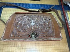 Vtg 1950s Hand Tooled Leather Western Purse Bag Set W/ Monogram Pocketbook Pad