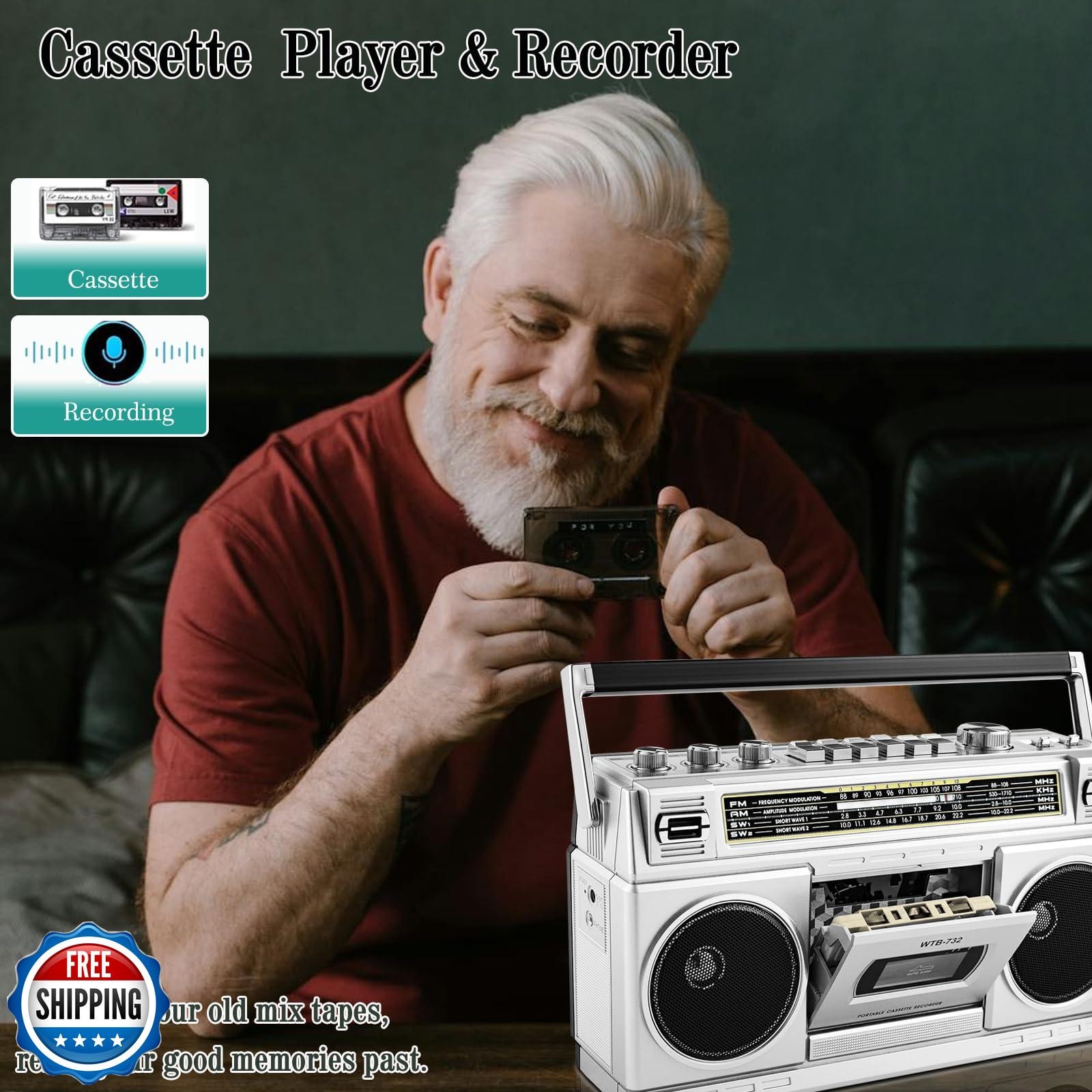 Retro Classic 80s Style Portable Boombox with Cassette Player Recorder, AM/FM