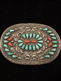 Vintage Navajo Native Sterling Turquoise Coral Belt Buckle Signed LP 3 3/4”