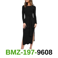 ANRABESS Womens Long Sleeve Sweater Dress Crew Neck Slim Fit Slit Tie Waist, M