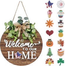 Interchangeable Seasonal Welcome Sign Front Door Decoration, Rustic Round Wood W