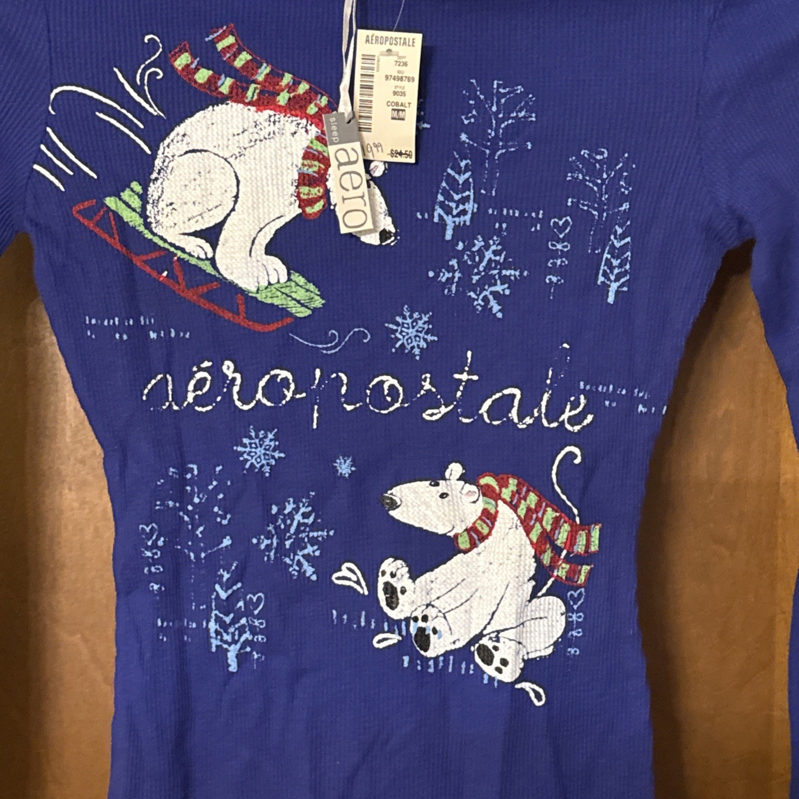 Aeropostale Y2K Blue Polar Bears Long Sleeve Thermal Henley Women's