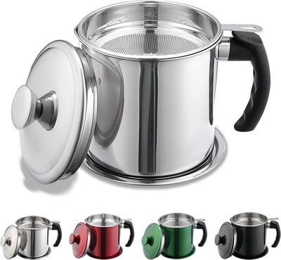 Bacon Grease Container with Strainer, 48 Oz Stainless Steel Pot with Lid