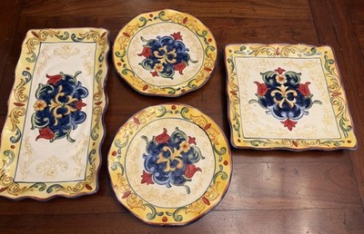 4pc Maxcera Yellow Talavera Large Serving Platters & Dinner Plates Set Alhambra
