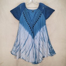 Blue Tie Dye Women Dress Floral Embroidery Flowy Sheer Sleeve Mini Swing Size OS