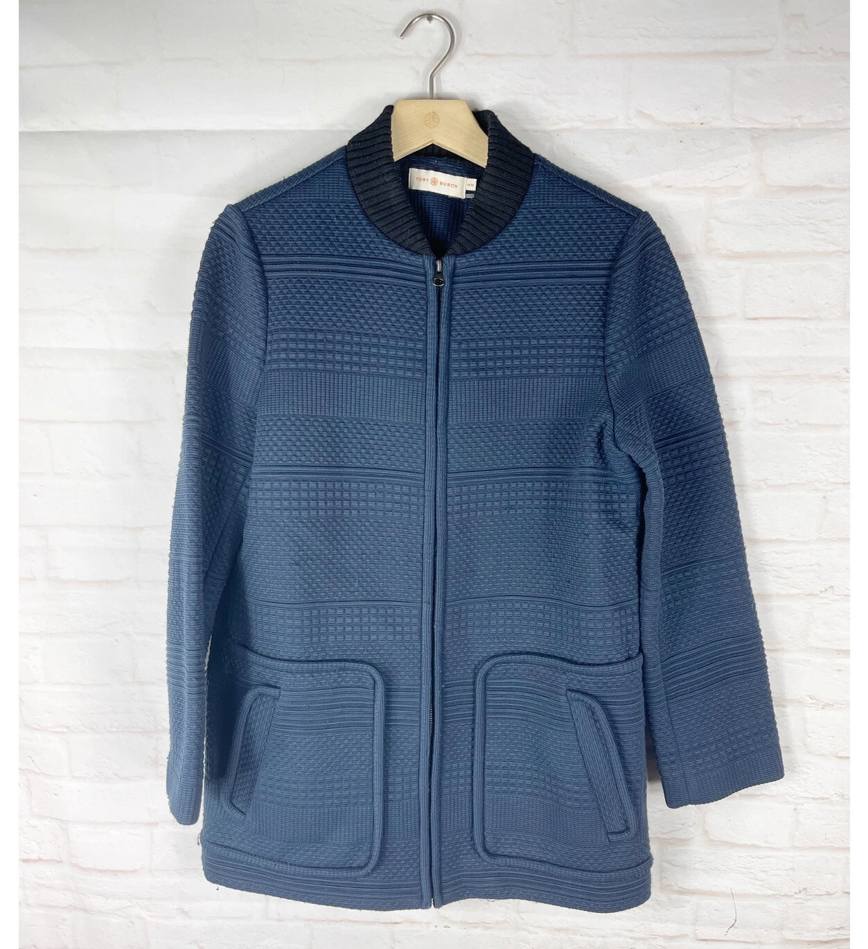 Giacca cappotto maglione TORY BURCH donna blu testurizzato cerniera intera taglia media M