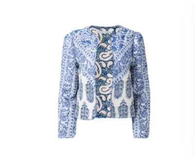 Alix of Bohemia Hudson Bermuda Jacket Womens Large Blue White Cotton Open Front