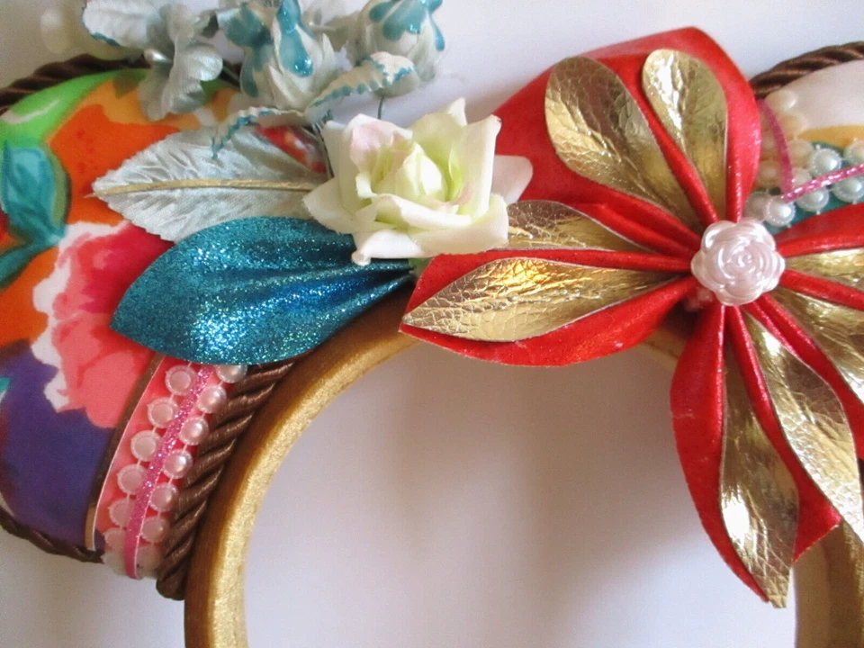 Diadema Disney Orejas de Minnie Hecha a Mano Asimétrica Coral Dorado Teal Blanco Foto 4 de 4