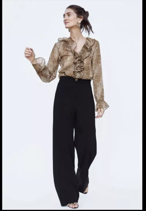 Zara Leopard Print Ruffle Long Sleeve Bodysuit Womens Size Small S