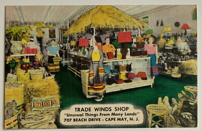 NJ Postcard Cape May Trade Winds Shop Beach Drive advertising interior vtg linen