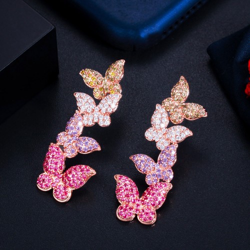 Orecchini Pendenti Lunghi A Goccia Placcati Oro Rosa Viola Rosso Zirconia Farfalla per Spose - Foto 8 di 8