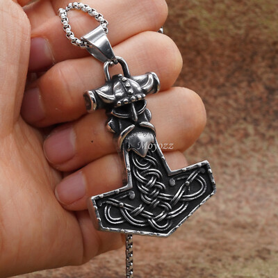 Mens Stainless Steel Nordic Viking Thors Hammer Mjolnir Pendant