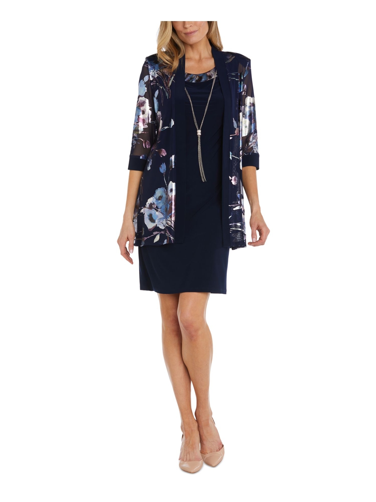 R&M RICHARDS Womens Navy Open Front 3/4 Sleeve Jacket Sleeveless Sheath Dress 8