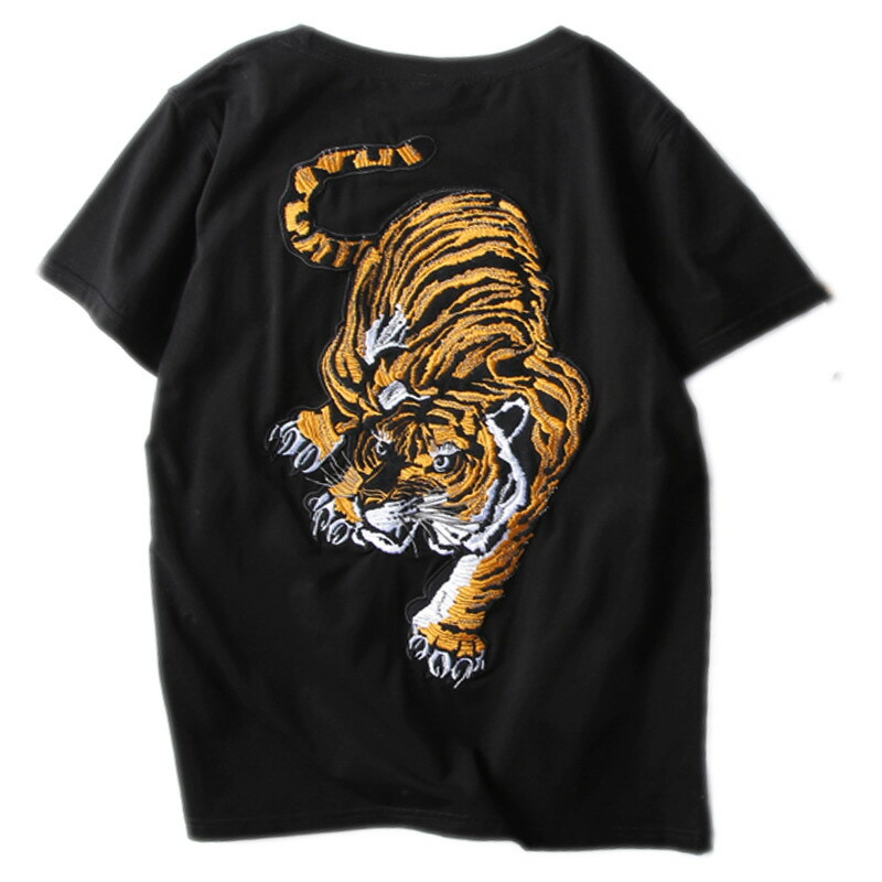 Mens T-Shirt Japanese Pattern Embroidery Tiger Totem Tattoo