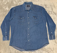 Wrangler Denim Shirt Mens 2X Firm Finish Western Pearl Snap Workwear Cowboy Cut