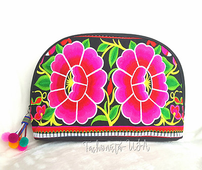 Make up Cosmetic Travel Bag Handmade  Embroidered  Multicolored Floral