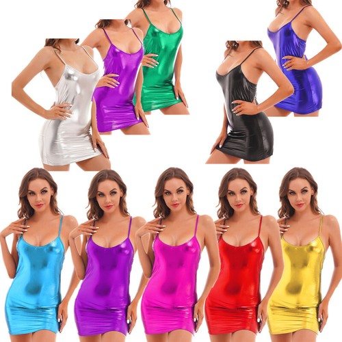 Women's Shiny Metallic Bodycon Dress Sexy Sleeveless Mini Dresses Party Clubwear - Picture 2 of 95